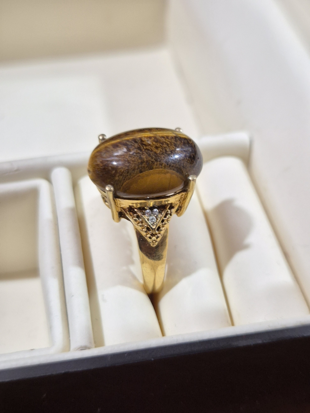 Vintage Gold Tiger's Eye Cocktail Ring with Clear Accents